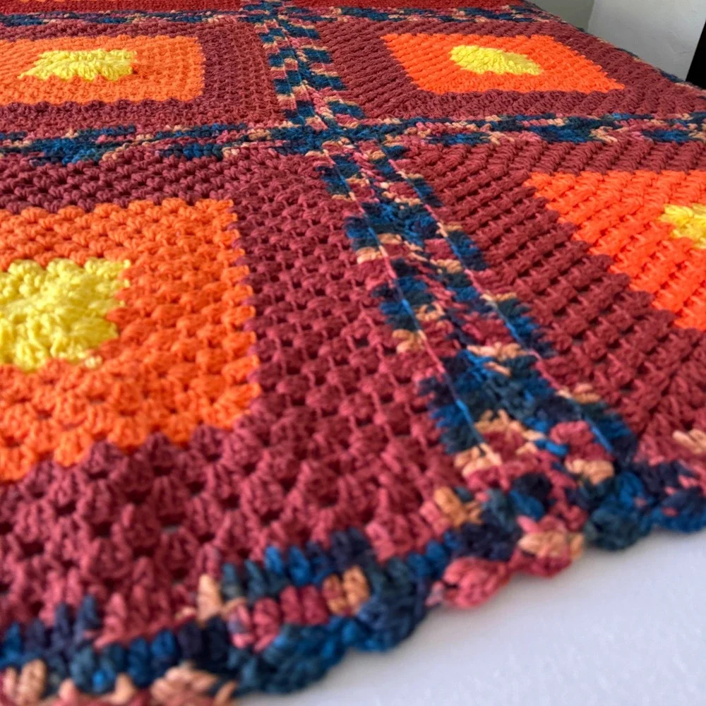 Vintage Handmade Crochet Granny Square Afghan Knit Throw Blanket Orange Maroon